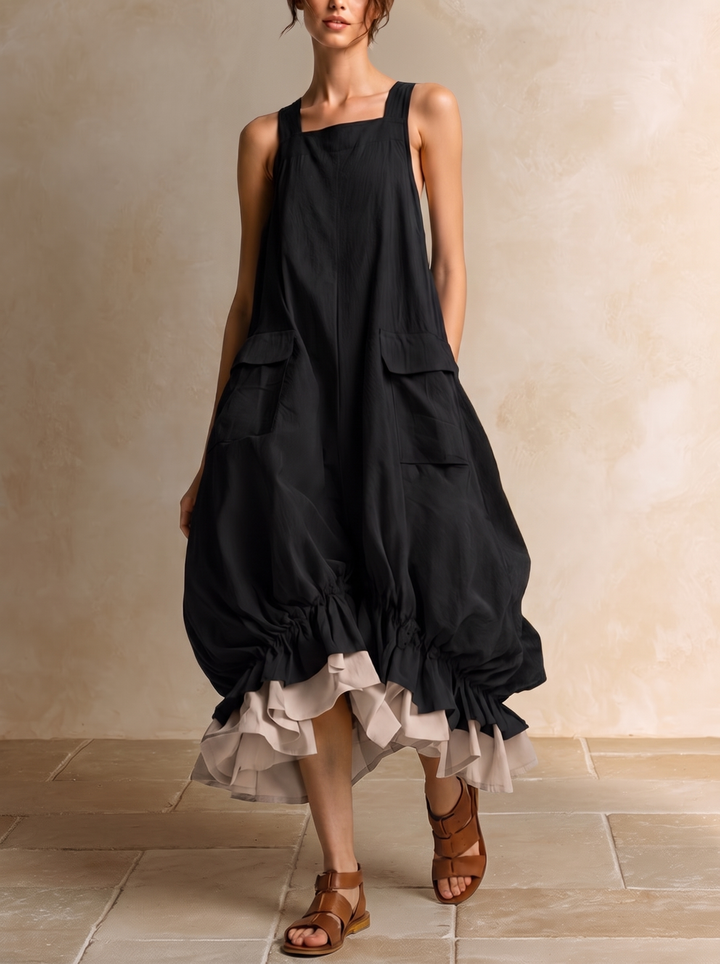 Daniela | Sleeveless Midi Bubble Dress with Large Pockets, Layers, and Ruffled Hem