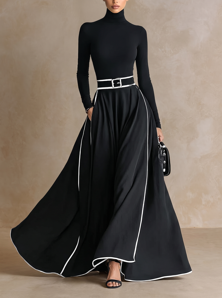 Nicoletta | Black Maxi Dress for Women with White Stitching and High Neck, Long Sleeves, Slim Waist