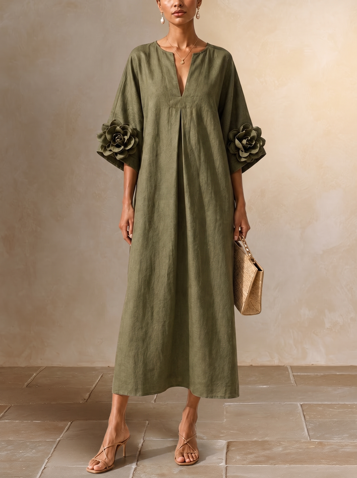 Graziella | Olive Green Midi Dress with V-Neck and Extravagant Floral Sleeves