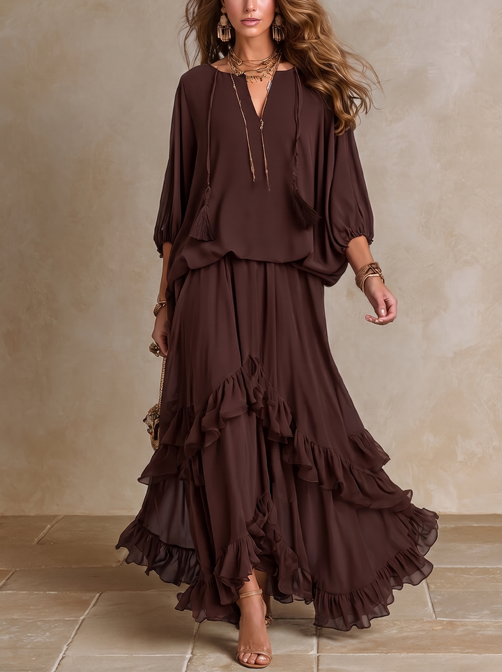 Manuela | Brown Chiffon Top with Fringes and V-Neck Paired with a Layered Skirt with Ruffles