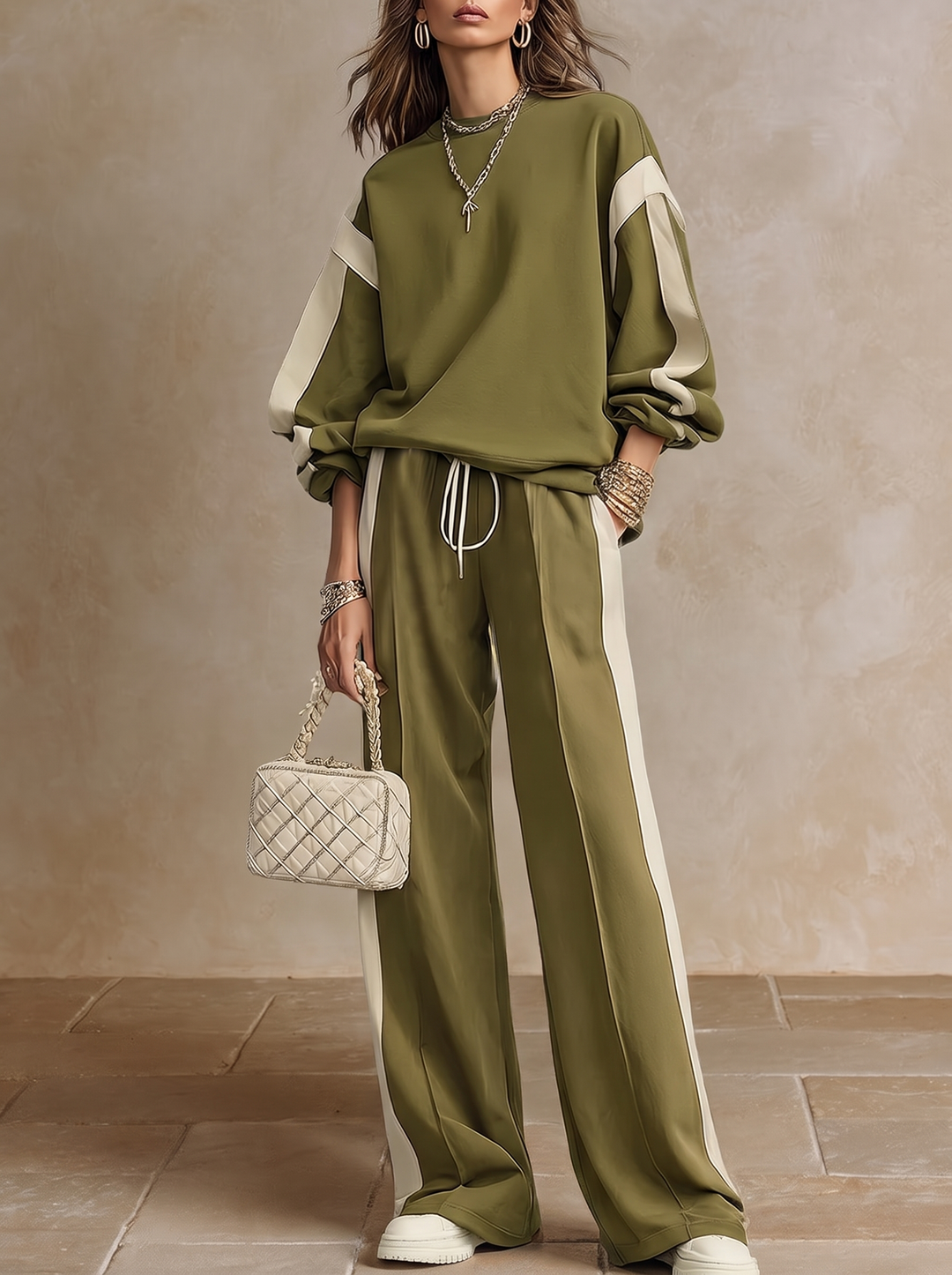Sonia | Olive Green Sweatshirt with Crew Neck and Wide Pants with Drawstring Casual Set