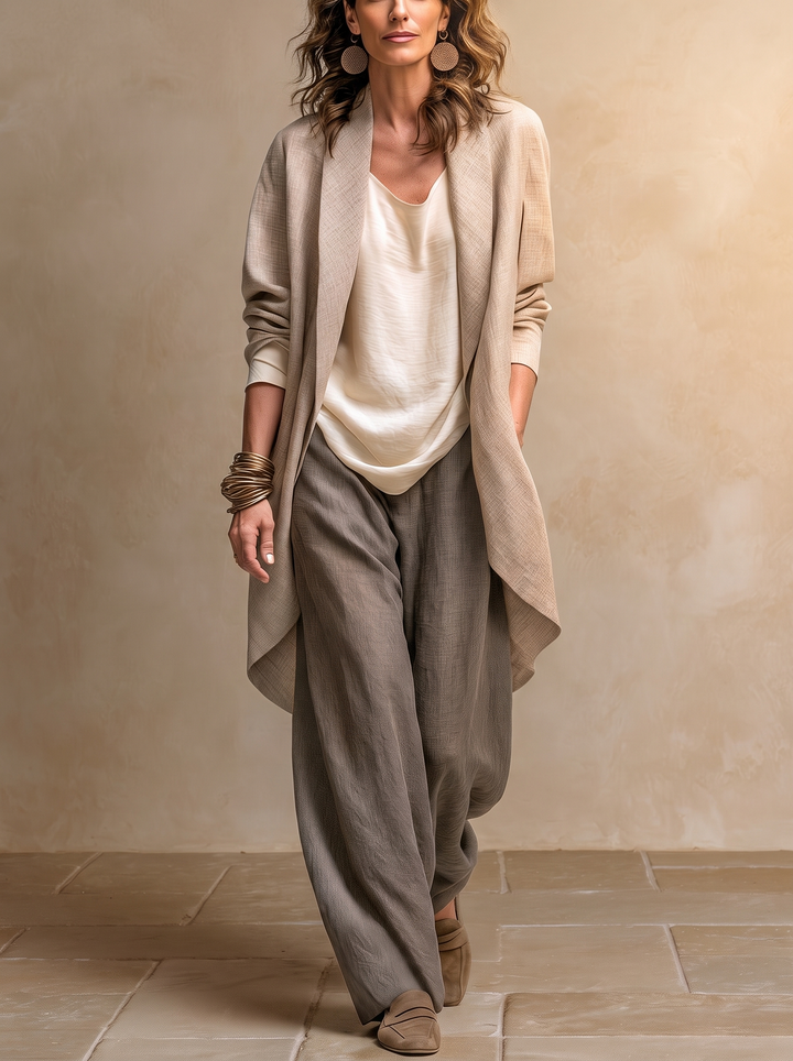 Costanza | Three-piece beige and gray casual layered set with wide-leg pants, elegant
