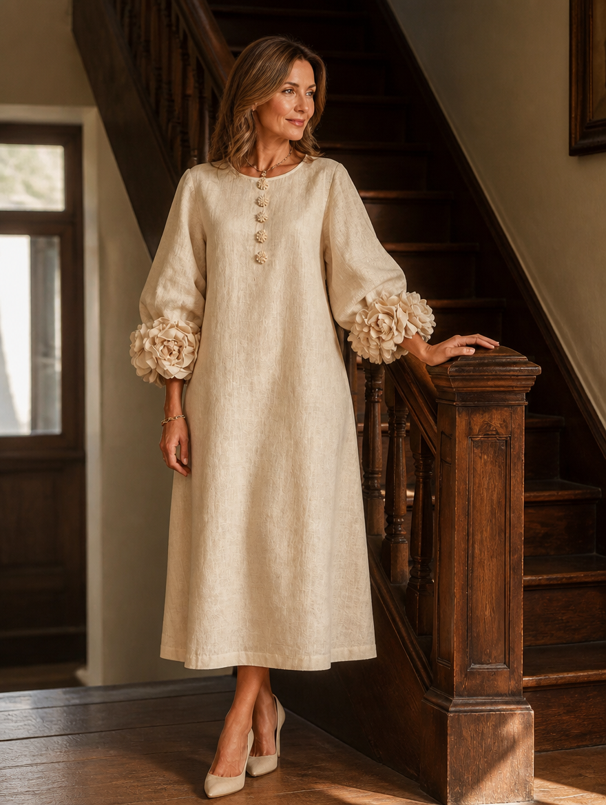 Adeline | 3D Floral O-Neck Lantern-Sleeve Midi Dress for Women