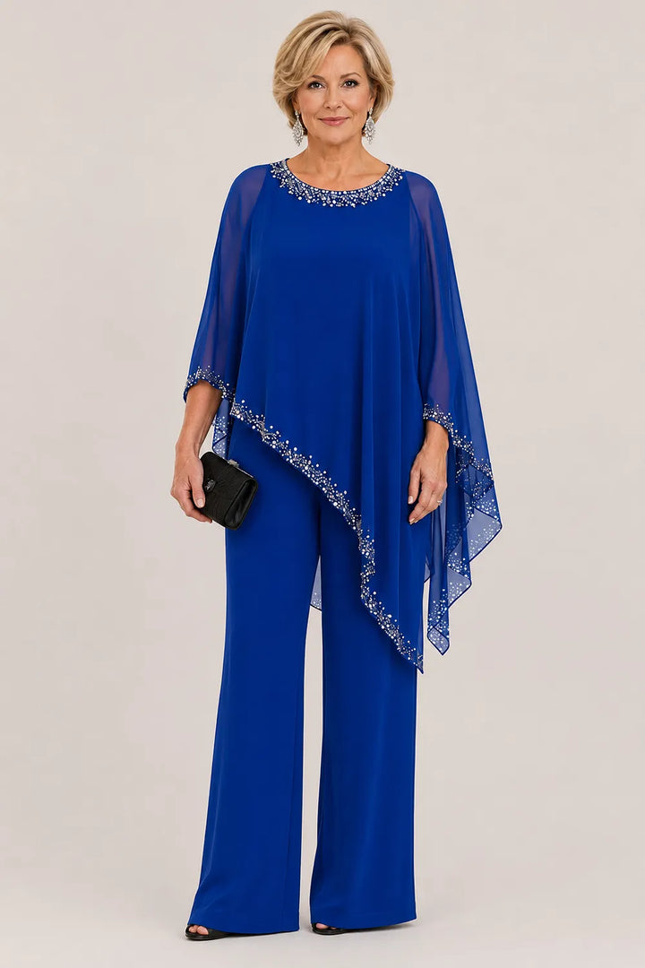 Beaded Chiffon Cape Formal Pant Suit with Wide Legs