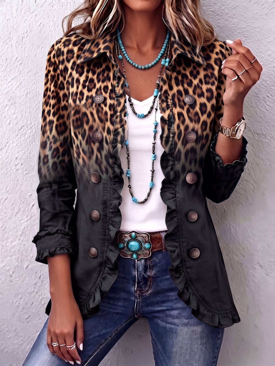 Chloe™ | Bold Boho Leopard & Teal Ruffle Blazer Jacket