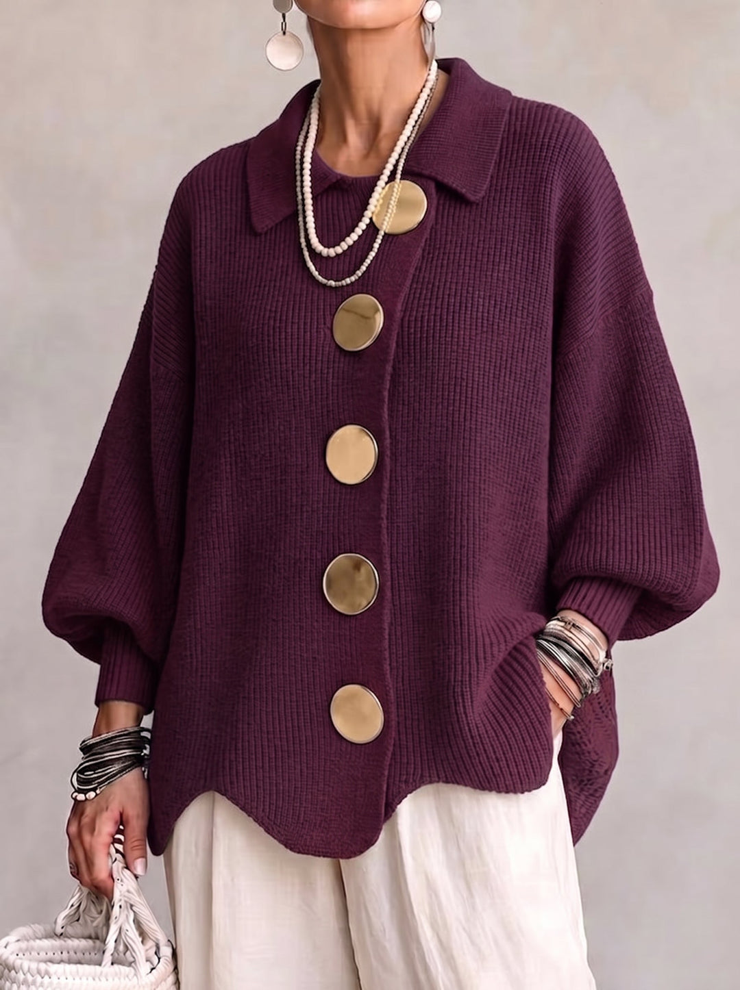 Avery™ | Oversized Collared Knit Cardigan With Large Metal Buttons