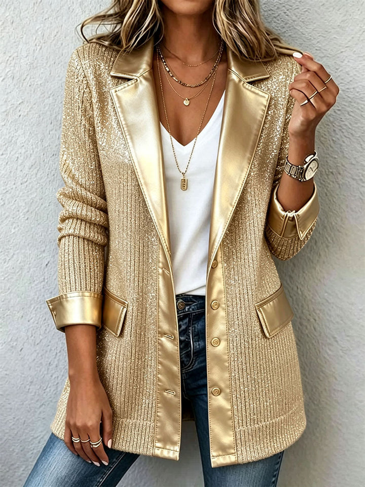 Zarae™ | Chic Gold Knit Blazer With Sleek Faux Leather Trim