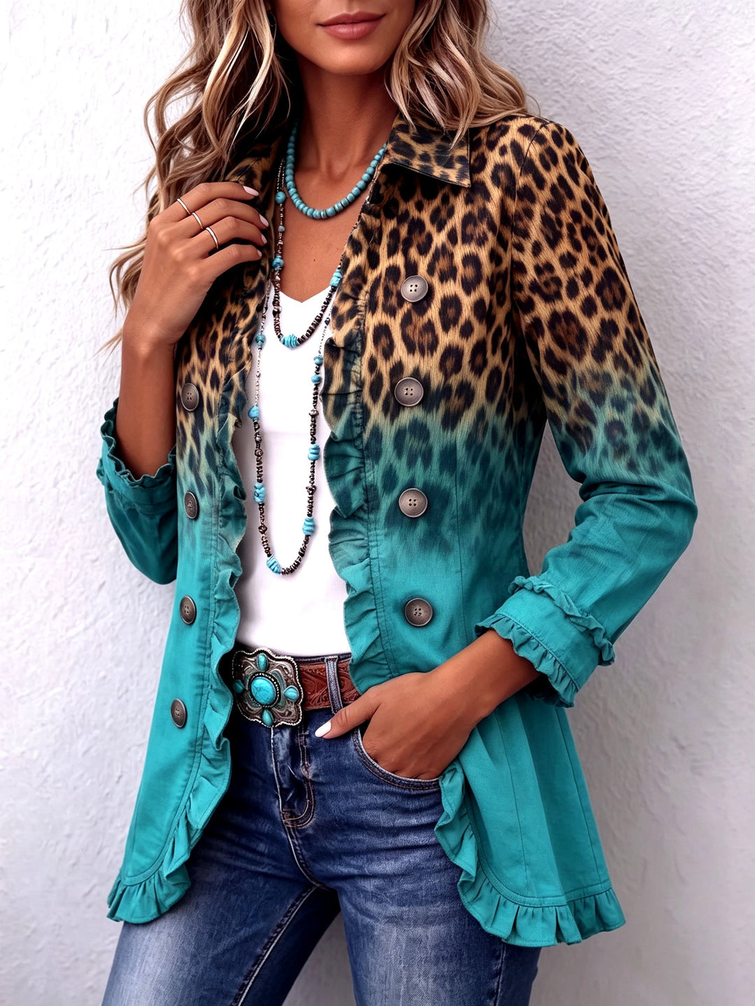 Chloe™ | Bold Boho Leopard & Teal Ruffle Blazer Jacket