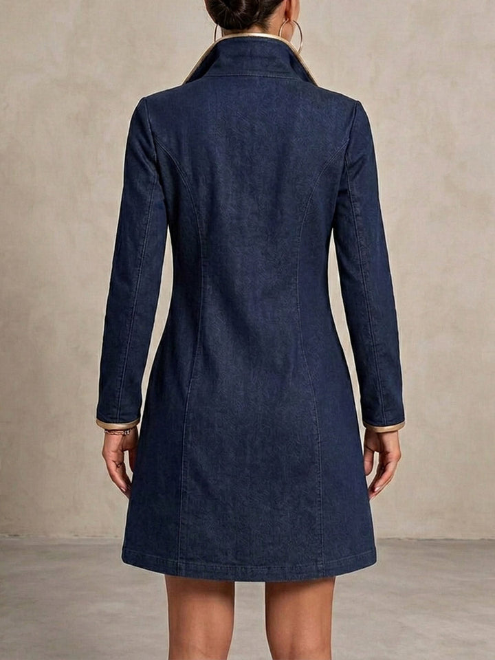 Hannah™ | Women's Long-sleeved Casual Loose Denim Dress With Gold Trim And Metallic Eyelets