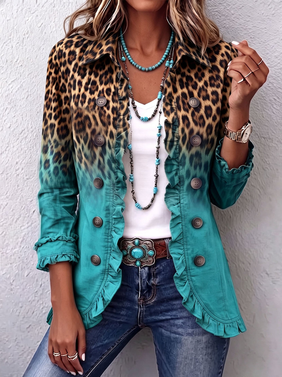 Chloe™ | Bold Boho Leopard & Teal Ruffle Blazer Jacket