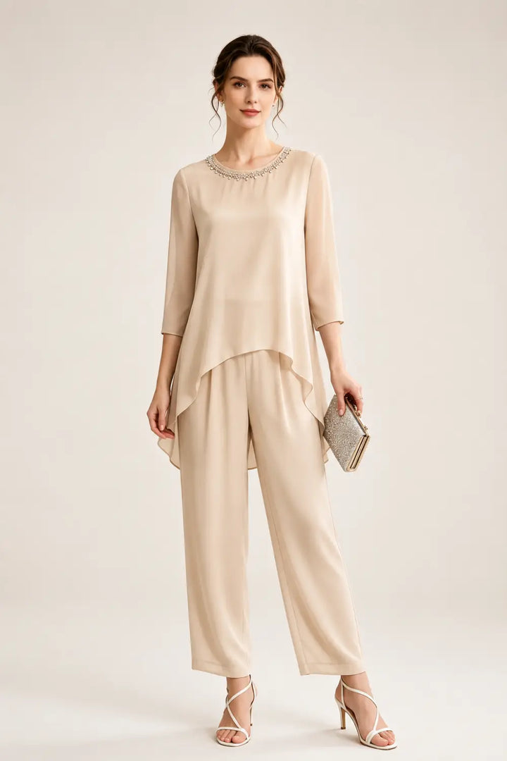 Beaded Chiffon Capelet Pant Suit with Wide-Leg Pants