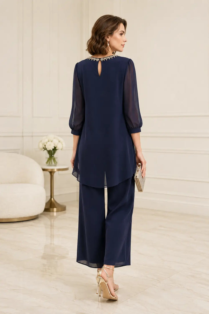 Beaded Chiffon Layered Pant Suit with 3/4 Sleeves