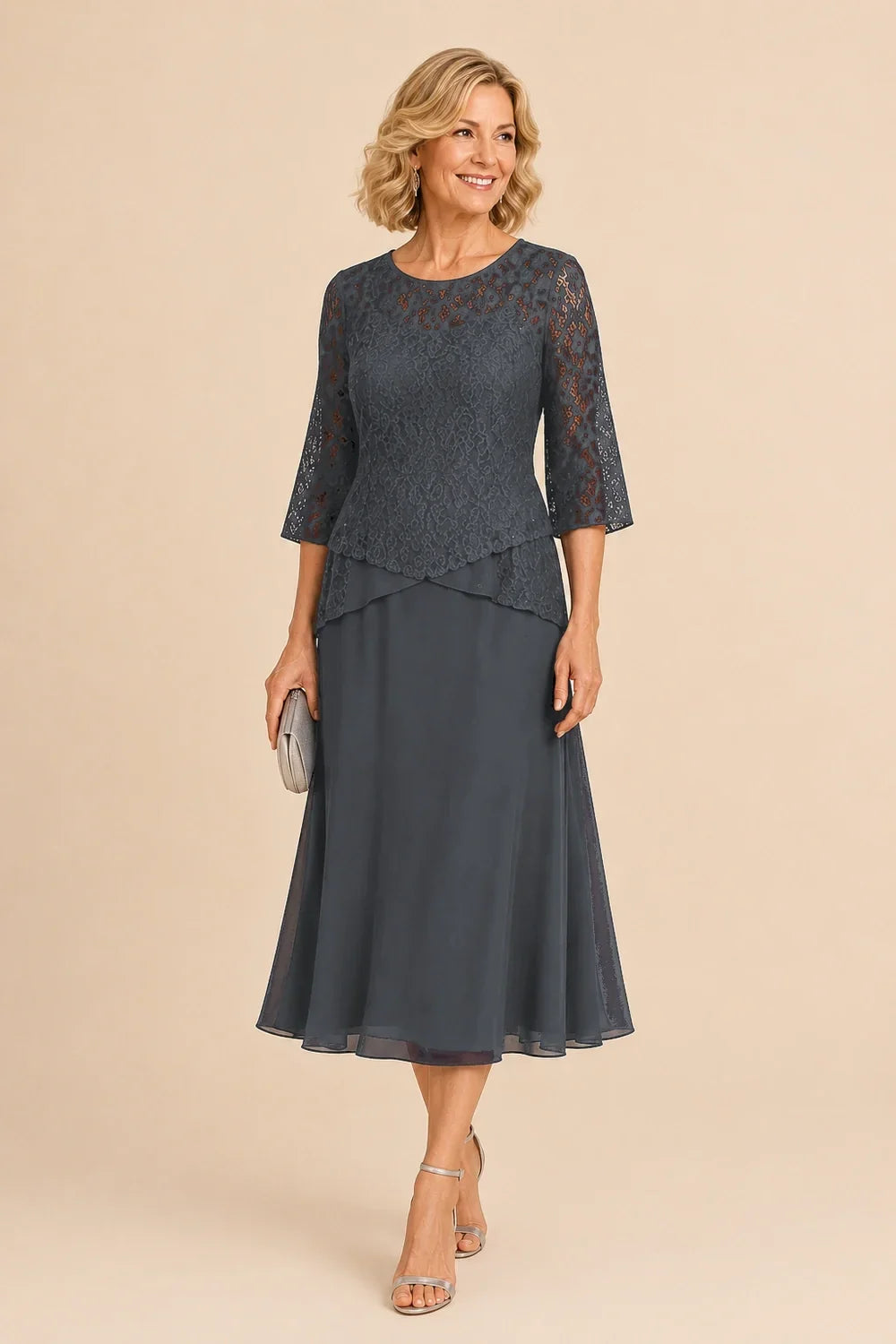 Beaded Lace Asymmetric Tea-Length Chiffon Dress