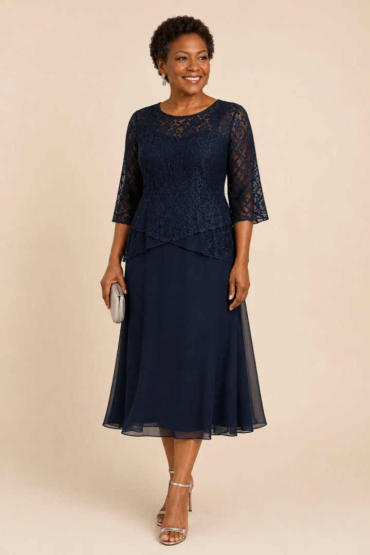 Beaded Lace Asymmetric Tea-Length Chiffon Dress