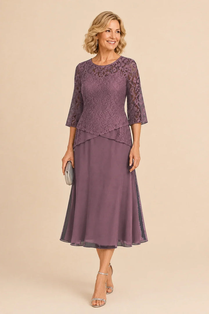 Beaded Lace Asymmetric Tea-Length Chiffon Dress
