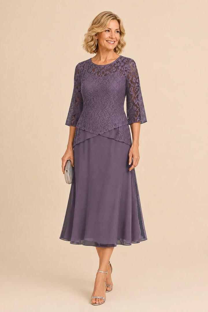 Beaded Lace Asymmetric Tea-Length Chiffon Dress