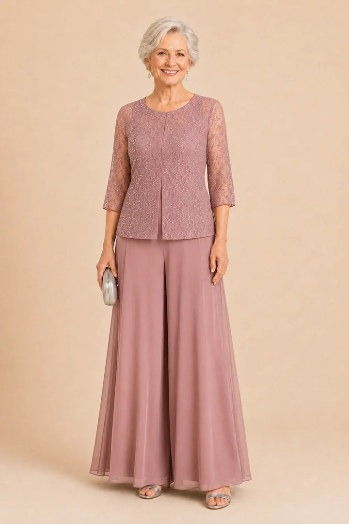 Beaded Lace Culotte Pant Suit with Chiffon Overlay