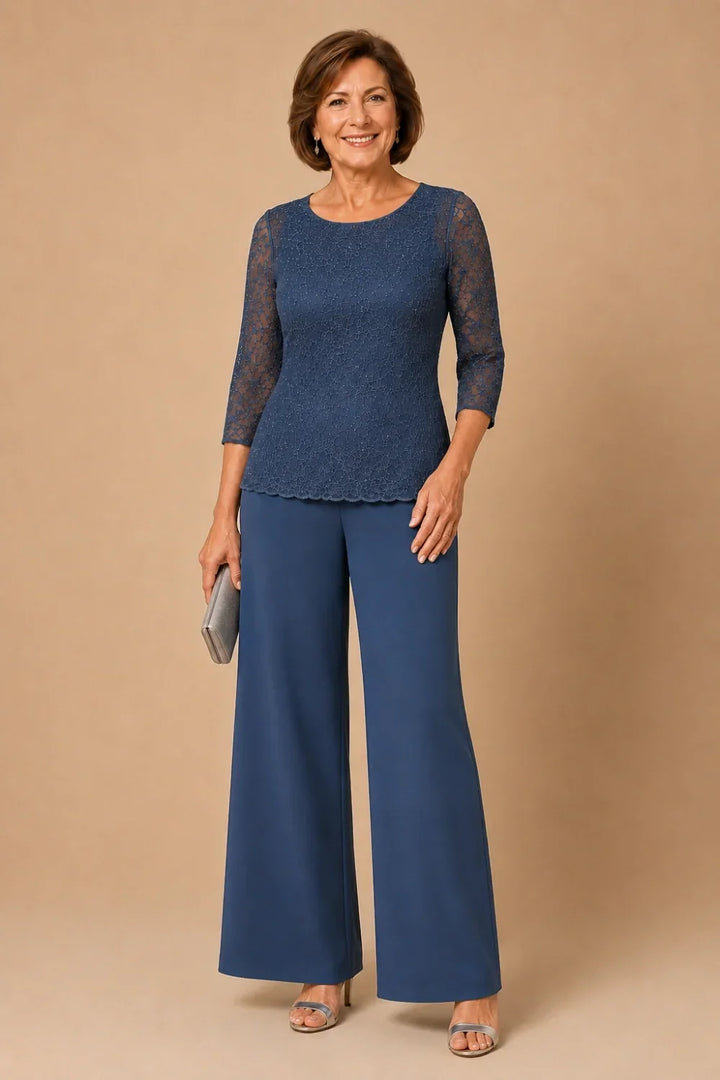 Beaded Lace Wide-Leg Pant Suit with 3/4 Sleeves