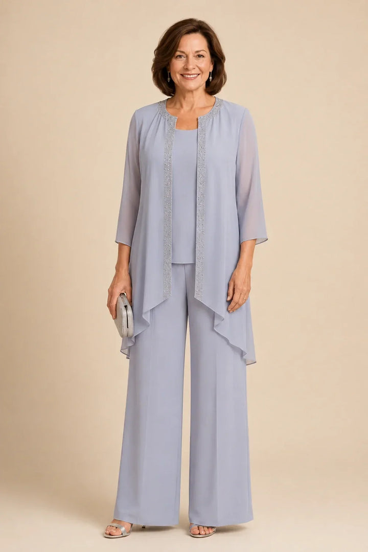 Beaded Three-Piece Chiffon Pant Suit with Draped Jacket