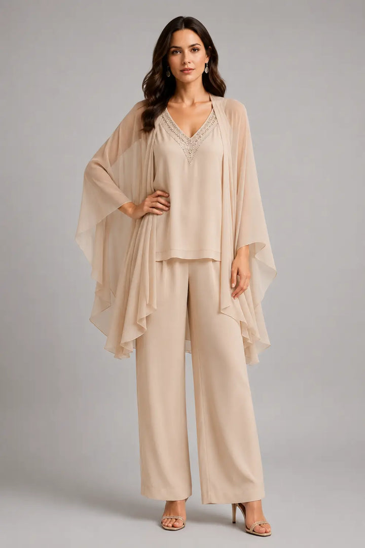 Beaded V-Neck Chiffon Capelet Pant Suit