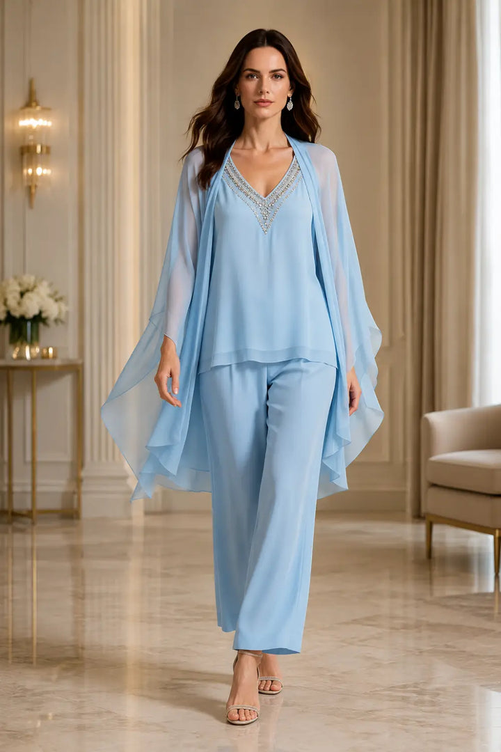 Beaded V-Neck Chiffon Capelet Pant Suit