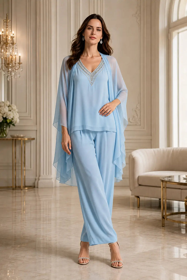 Beaded V-Neck Chiffon Capelet Pant Suit