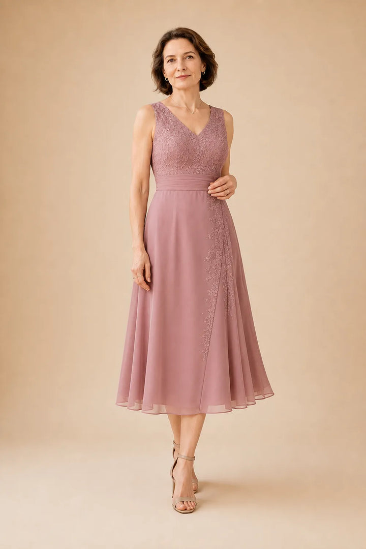 V Neck Chiffon Midi Dress with Lace Detail