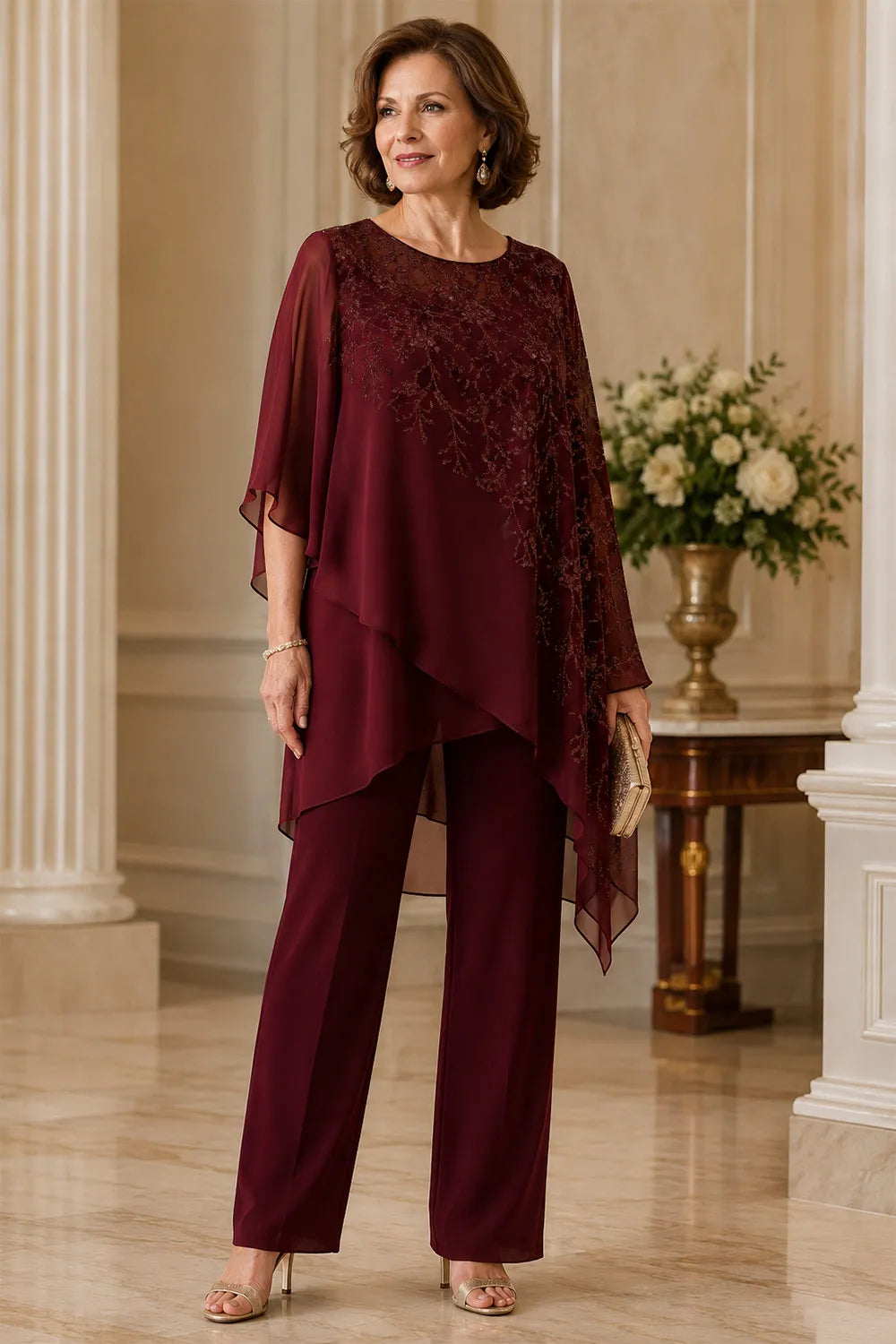Embroidered Chiffon Overlay Mother of the Bride Pant Suit
