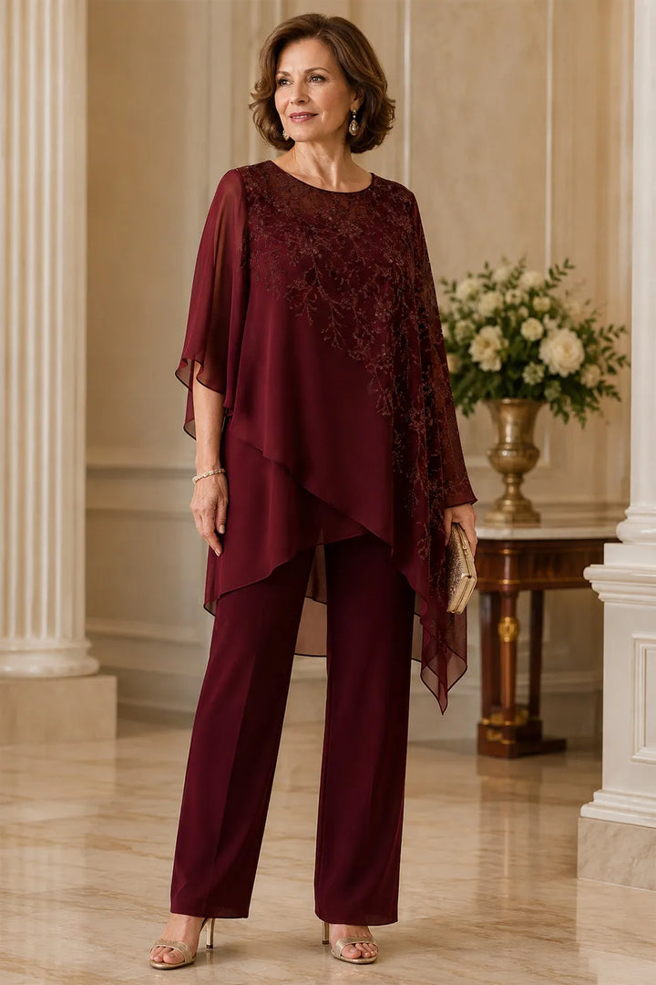 Embroidered Chiffon Overlay Mother of the Bride Pant Suit