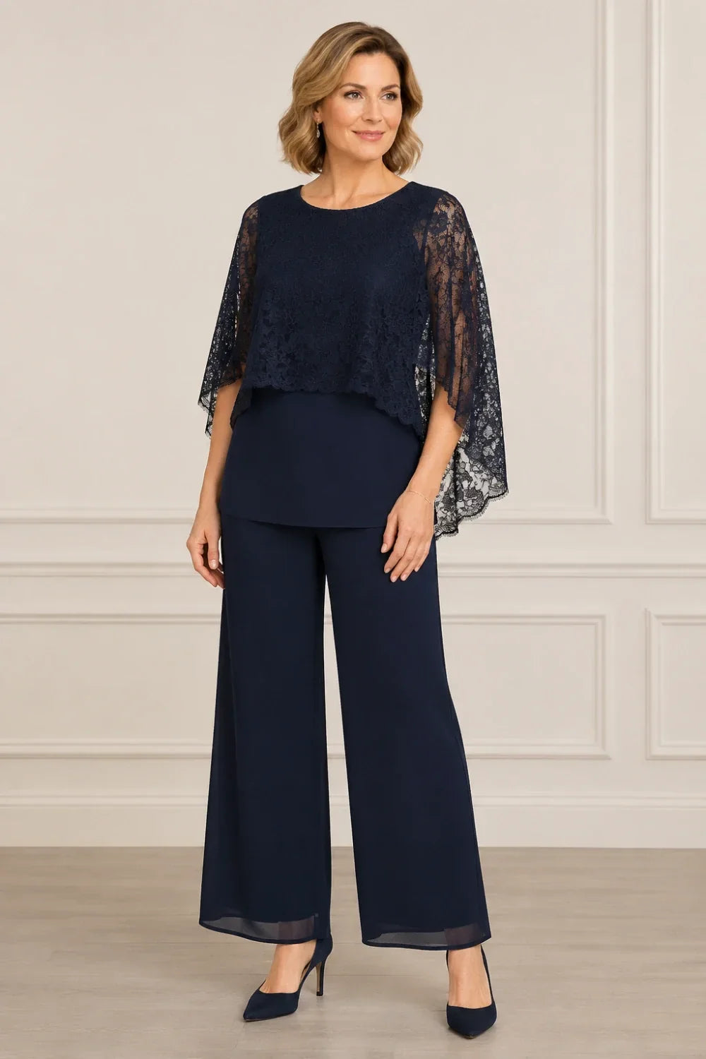 Lace Cape Mother of the Bride Pant Suit with Wide Legs
