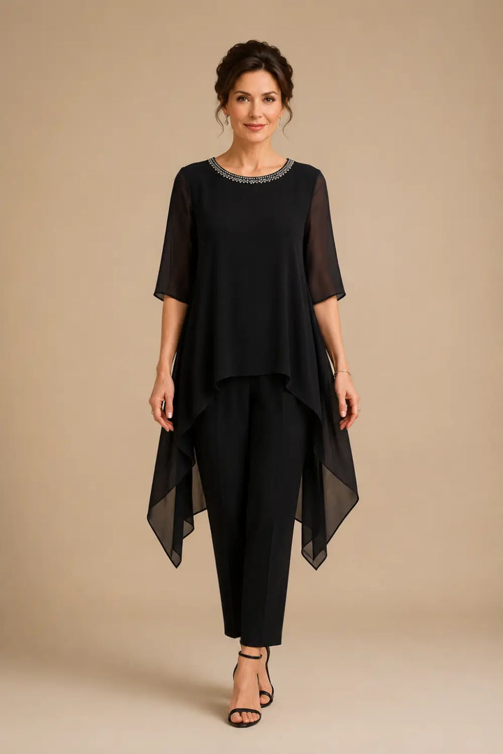 Layered Chiffon Capelet Pant Suit with Wide-Leg Pants