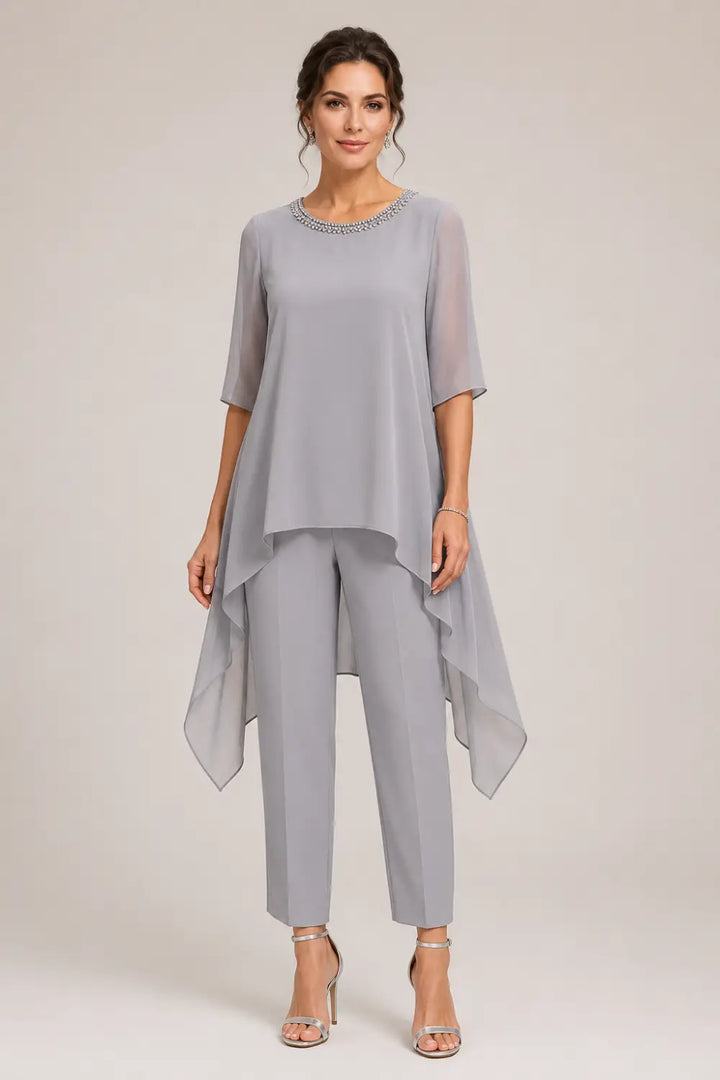 Layered Chiffon Capelet Pant Suit with Wide-Leg Pants