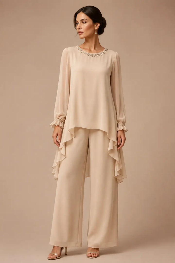 Ruffled Chiffon Capelet Pant Suit with Wide-Leg Pants