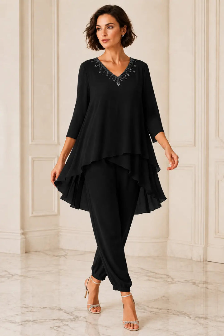Ruffled Layered Chiffon Capelet Pant Suit