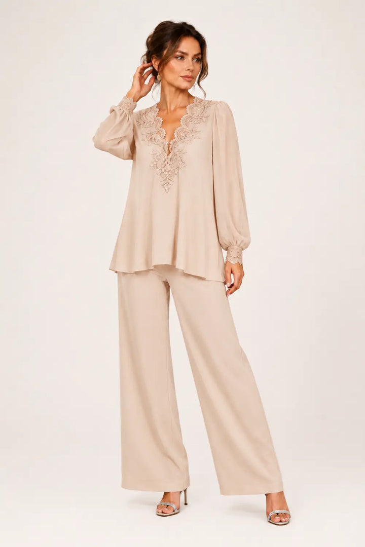 V-Neck Layered Chiffon Pant Suit with Wide-Leg Pants