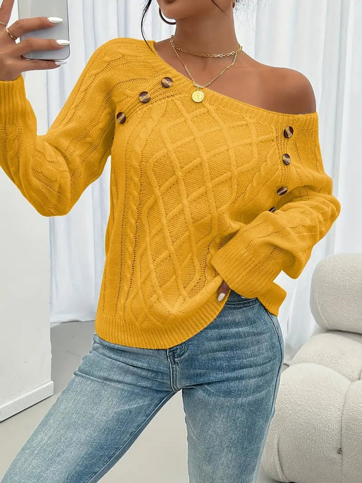 Penelope - Women's Cable Knit Sweater Raglan-Sleeve Button-Detail Pullover