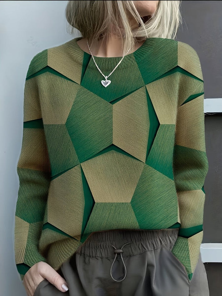 Charlotte - Women's Long-Sleeve Geometric Print Knit Sweater Crewneck Top