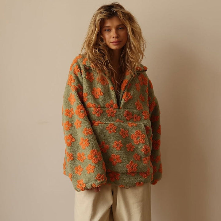 Penelope - Women's Oversized Floral Sherpa Fleece Half-Zip Pullover Sweater