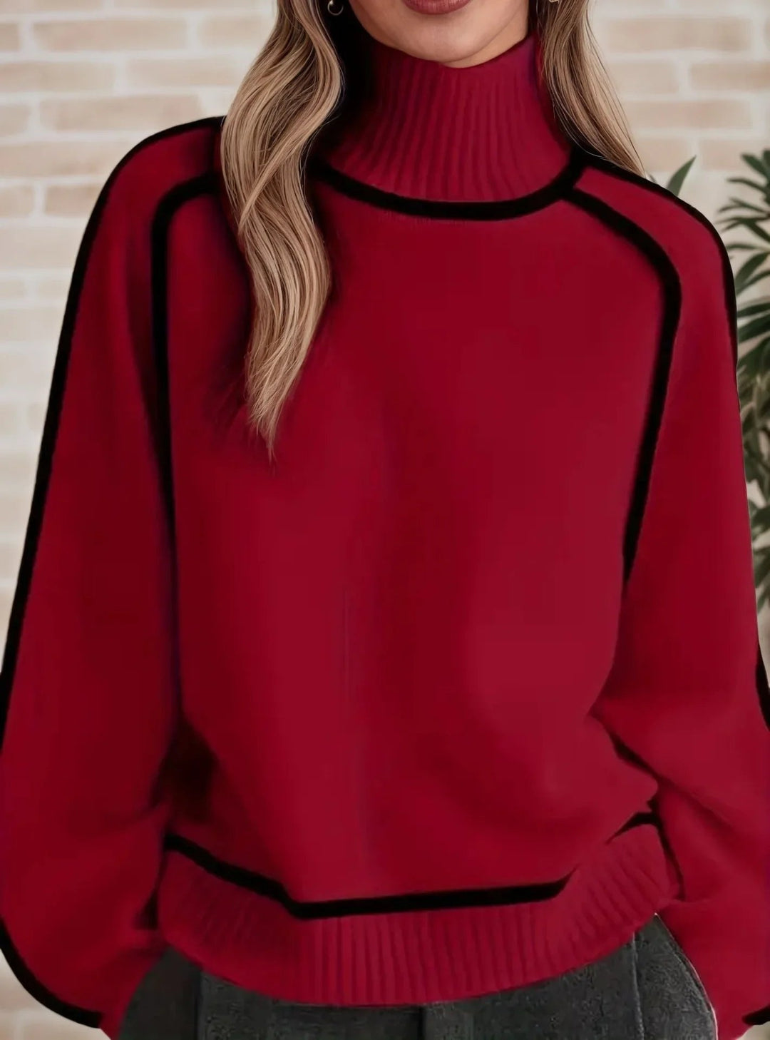 Camila - Women's Oversized Turtleneck Colorblock Knit Sweater