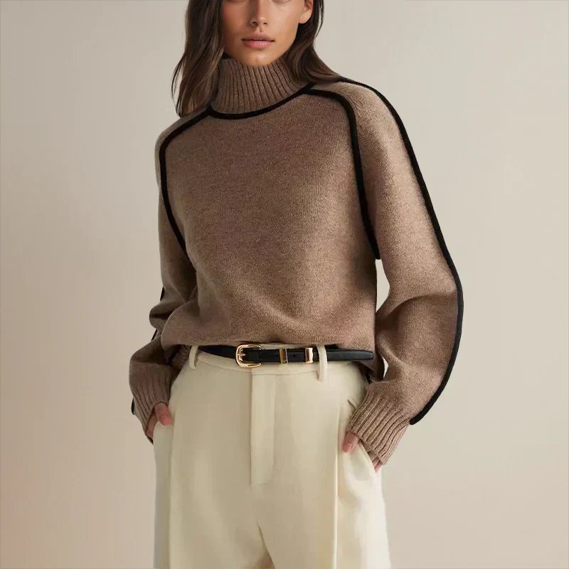 Camila - Women's Oversized Turtleneck Colorblock Knit Sweater