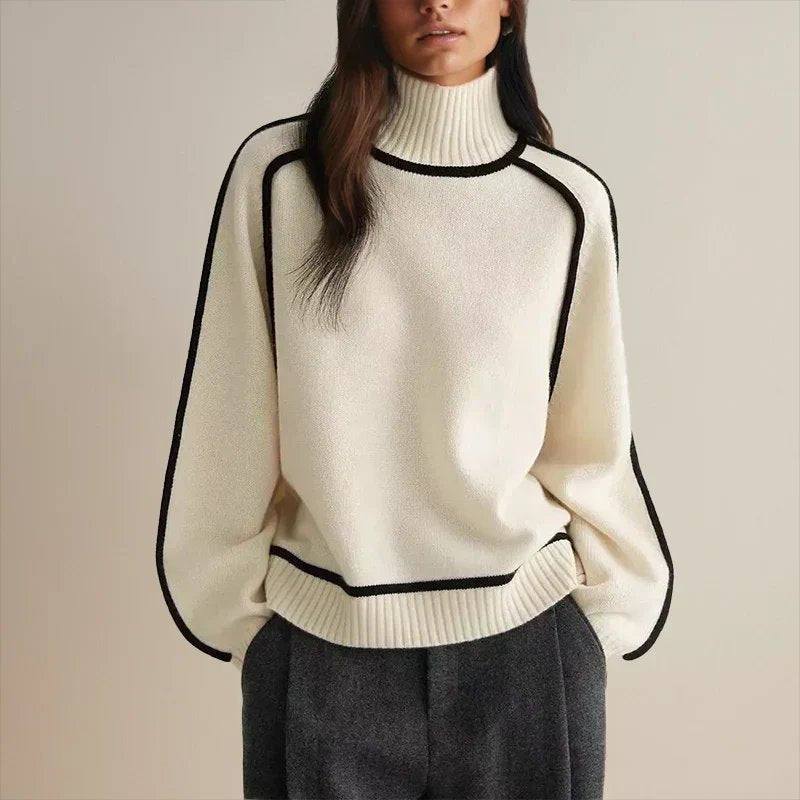Camila - Women's Oversized Turtleneck Colorblock Knit Sweater